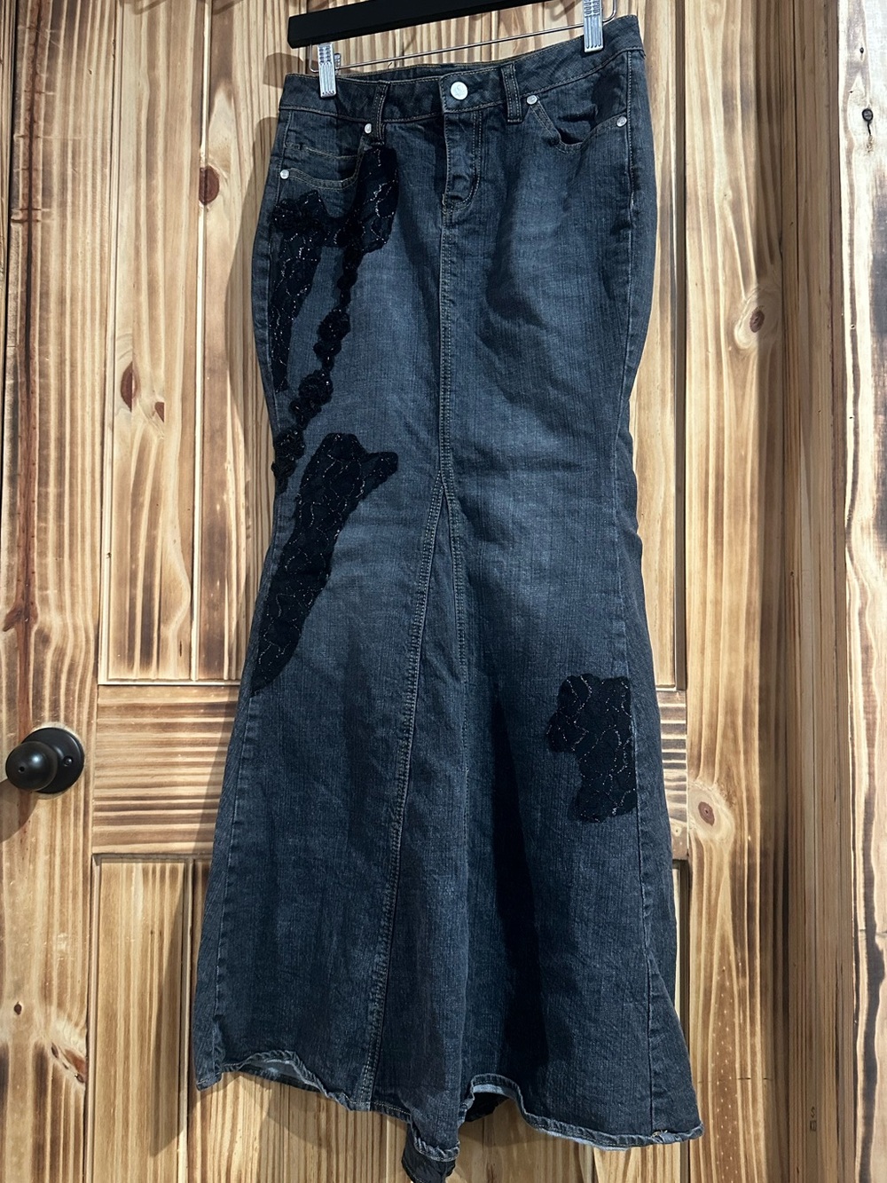 Bisou Bisou Y2K 90s 2000s Women's dark grey Fishtail Embroidered Denim skirt
